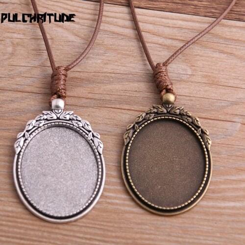 2pcs Zinc Alloy Two Color 30*40mm Big Oval Cabochon Settings Blank Cameo Pendant Base Trays With Leather Cord For Jewelry Making