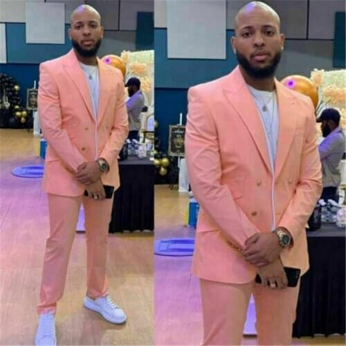 2021 Coral Costume Homme Double Breasted Mens Tuxedos Peaked Lapel Terno Masculino Two Pieces Slim Fit Wedding Blazer and Pants