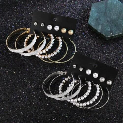 6 Pairs Pretty Women Earrings mill sand Big Circle Earrings Exaggerated Imitation Pearl Imitation Crystal Earrings Set Gift