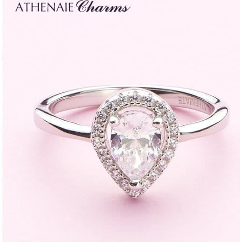 ATHENAIE Engagement 925 Sterling Silver Clear CZ Sparkling Teardrop Halo Stackable Ring for Women Wedding Jewerly Gift