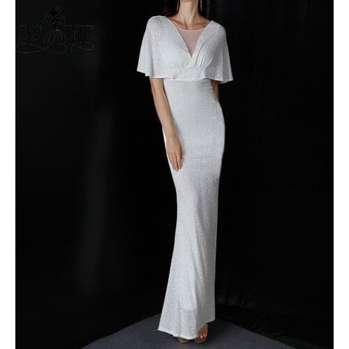 White Sequin Evening Dresses Mermaid Short Sleeves Sexy V Neck Evening Gown Elegant Glitter Bat Sleeves Formal Party Dress
