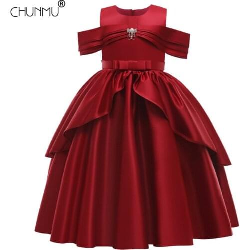 One-shoulder Satin Bowknot Baby Girls Dress Elegant Opening Ceremony Clothing Party Festivals Vestidos Girls Princess Dress