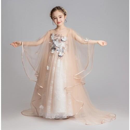 Champagne Lace Flower Girls Dresses For Wedding And Party Kids Princess Dresses Long Gown Girls Dress Vestidos Birthday Costumes