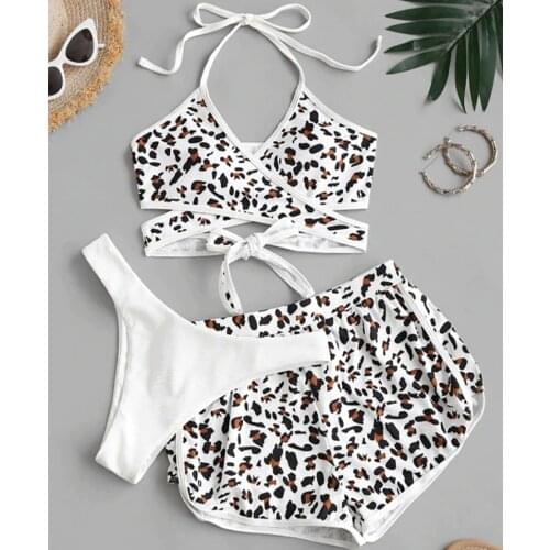 Sexy Leopard Print Swimwear Women Brazilian Lace Up Bandage Push Up Padded Bikini Sport Bathing Suit Thong Swimsuit Beachwear