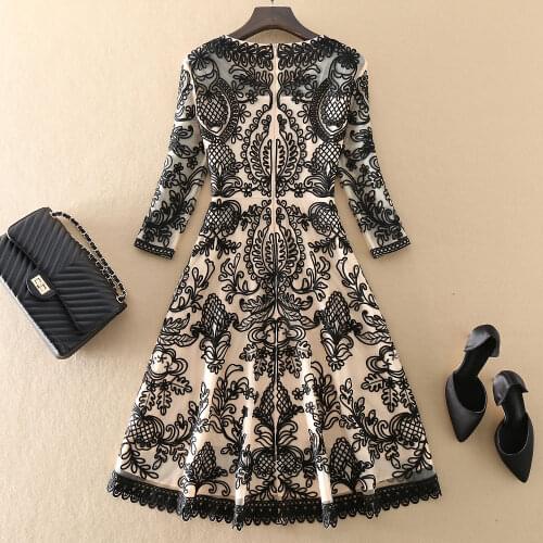 Dovetail Autumn Designer Runway Fashion New Black Flower Embroidery Midi Elegant Party Holiday Dress Vestidos