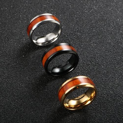 Trendy Curved Red Wood Grain Ring Enamel Dropping Glue Ring For Men Women Stainless Steel Ring Jewelry Gift