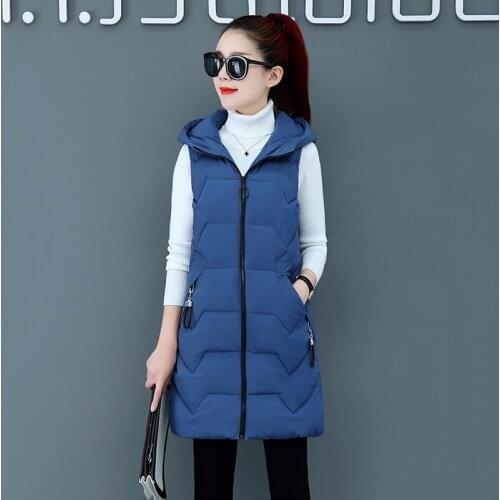 2021 Autumn Winter New Mid Long Hooded Cotton Vest Female Slim Sleeveless Down Cotton Waistcoat Womens Vests Winter Outerwear