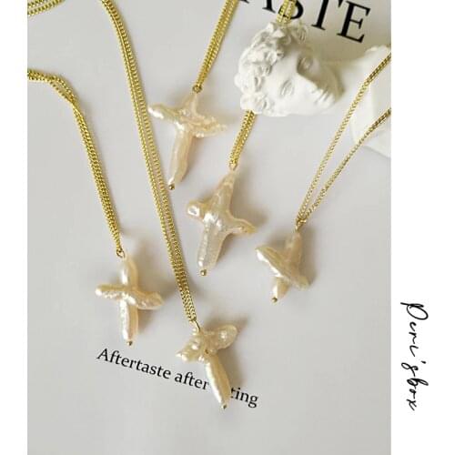 Perisbox Gold Chain Genuine Freshwater Pearl Necklace Irregular Geometric Pearl Cross Necklaces Pendant Stylish Necklace Women