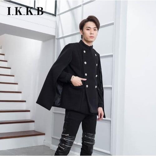 Slim and fake two piece stand collar Cape Cape trendy mens personality tweed coat short winter World War II coat