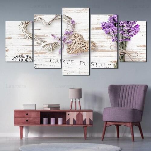 Flower and Text Series Rattan Woven Heart Lavender Background Decorative Painting Living Room Wall Canvas Painting Home Decor