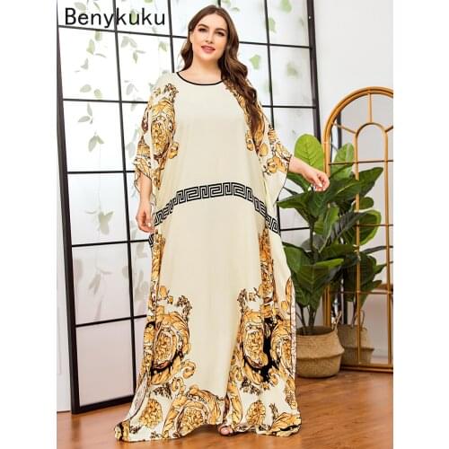 Floral Printed Women Casual Batwing Sleeve Long Chiffon Dress African Dashiki Loose Abaya Kaftan Ramadan Robe Moroccan Gown