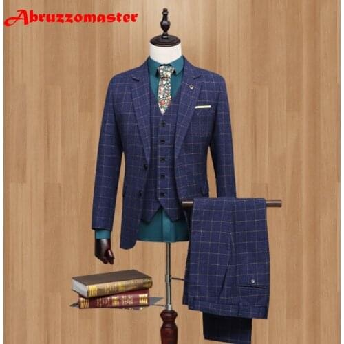 Slim Fit Blue Damier 2020 Prom Men Suits Terno Single Breasted Terno Masculino Wedding Tuxedo for Men (Jacket+Vest+Pant)