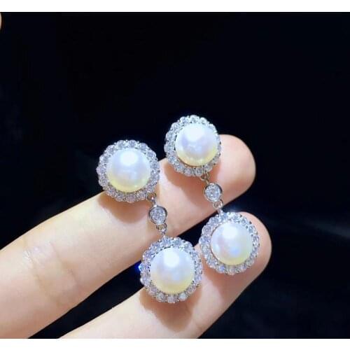 7-8MM natural fresh water pearl drop earring double pearls 925 sterling silver with cubic zircon fine women jewelry