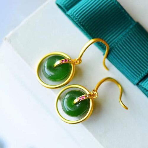 Super Rich No Black Dots Russian Jasper Safety Buckle Earrings S925 Sterling Silver Gilding Earrings Retro Design Earrings