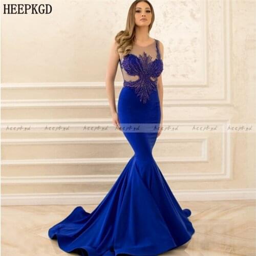 Customize Royal Blue Mermaid Arabic Evening Dress Chic Beads Satin See Though Sexy Prom Gowns Plus Size Special Occasion Dresses