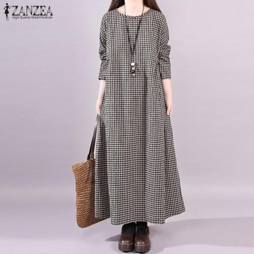 2021 ZANZEA Spring Women Casual O Neck Long Sleeve Vintage Plaid Check Loose Long Shirt Dress Kaftan Vestido Femme