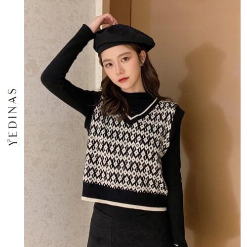 Yedinas Women 2020 Fashion Houndstooth Knitted Vest Sweater V Neck Sleeveless Vintage Female Waistcoat Korean Style Chic Tops