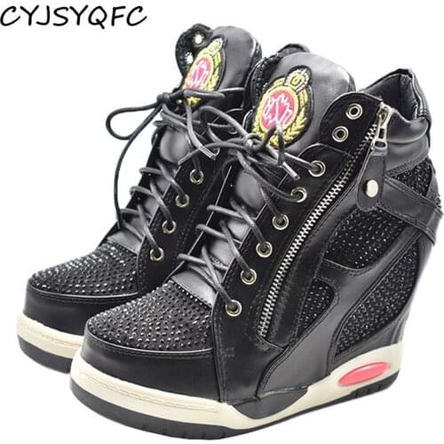 CYJSYQFC Spring Autumn Denim Wedges Women Sneakers Side Zip Lace Up Thick Bottom Increase Hidden Heel Platform Vulanized Shoes