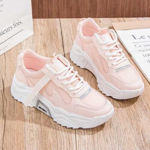Women Lace Up Sneaker Ladies Pu Mesh Patchwork Shoes Thick Bottom 2021 Summer Female Outdoor Walk Sport Casual Breathable Shoe