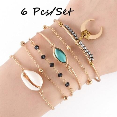 6 Pcs/Set Bohemian Blue Gem Crystal Heart Moon Beads Gold Bracelets for Women Fashion Vintage Party Bracelet Set Jewelry Gifts