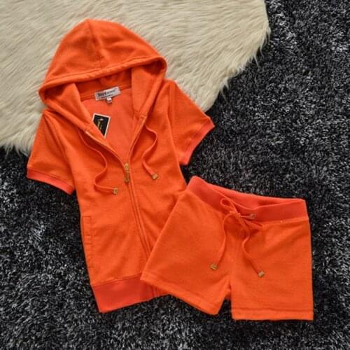 2020 Summer Women Velet Short Sleeve Suit Pullover T-shirt and Shorts Sets Hooded Sweatshirt Orange Sky Blue Color Soft S-XL