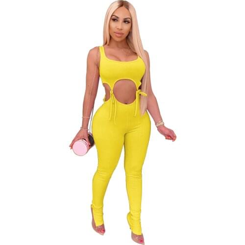 Knit Rib Lace Up Jumpsuit Women Summer 2020 Sexy Sleeveless Crop Top Split Bell Stackes Leggings Bodycon Rompers Two Piece Sets