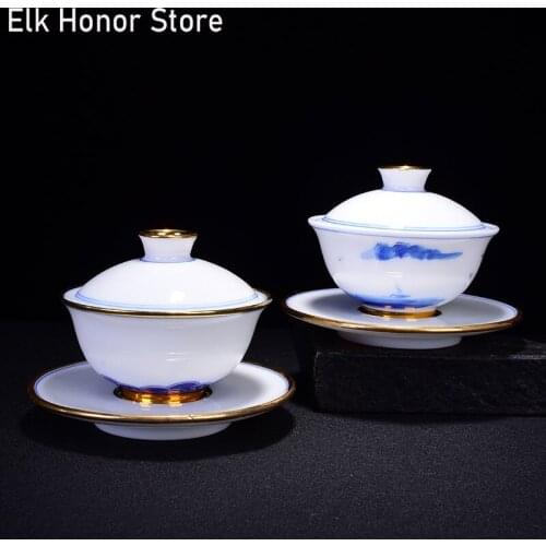150ml Dehua White Porcelain Sancai Tea Bowl Hand-painted Blue And White Cover Bowl Tea Maker Tea Cup Kung Fu Tea Bowl