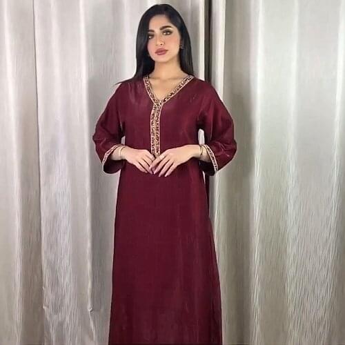AB044 Cocktail Dresses Summer V Neck Wine Red Fancy Abaya Muslim Gift Set Islamic Clothing For Women To Pray Hijab With Diamonds