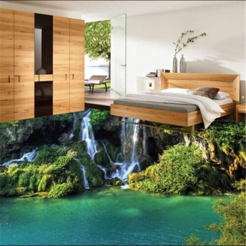 Beibehang custom flooring aesthetic romantic green plants mountain waterfalls 3d floor landscape thick waterproof wearable pa