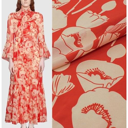 Poppy Digital Crepe De Chine Stretch Satin Silk Fabric For Dress Tissus Au MÈTre Telas Por Metro Ткань Для Шитья Tissu Tela DIY