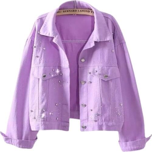 Spring Autumn Women Denim Jacket Coat Pink Jean Jackets Casual Diamond Loose Coat