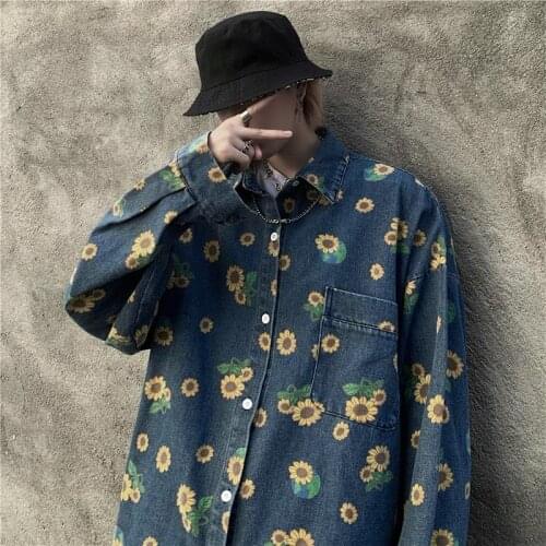 Trend ins hip-hop daisy printing washed old denim long-sleeved shirt jacket