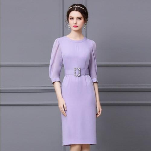 Purple Three Quarter Sleeve O-Neck Elegant Womens Dress Pink Slim Pencil Skirts For Ladies Printing OL Belt Formal Empire Dress