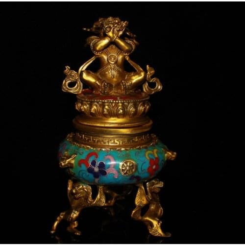 Chinese Antique Incense Burner ,Old Pure Copper Handmade Cloisonne Mahakala Ornaments,Home Decoration Metal Censer Crafts