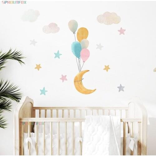 Colorful Balloon Moon Stars Cartoon Wall Stickers for Baby Rooms Door Decoration Stickers Waterproof Vinyl Wall Decal Kawaii