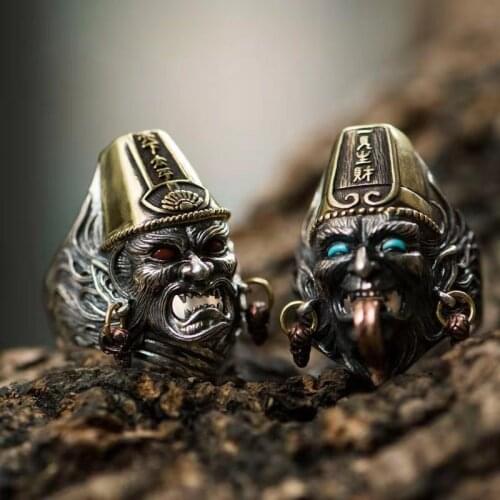 Overbearing ring men and women black and white impermanence live index finger ring open ring couple retro Chinese wind dark tide