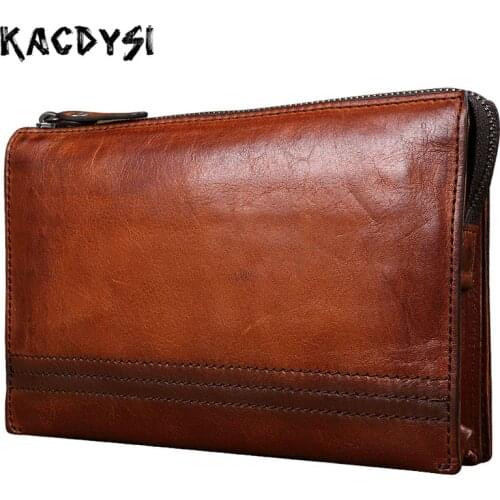 Genuine Leather Designer Vintage Mens Wallet Large Capacity Day Clutches Multifunction Zipper Purse Wallet Card Holder Wristlets