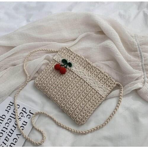 Korean Beach Vacation Handmade Cotton Rope Woven Portable Envelope Clutch Lovely Girl Mini Crochet Cherry Crossbody Bag