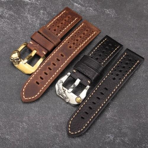 Fully Hand-Made Breathable Leather Watchband, 20 22 24MM Compatible Bronze Watch, Skull Bronze Buckle, Men Strap