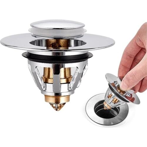 Bathroom Sink Drain Plug with Strainer Basket Press Type Drain Stopper Hair Catcher Floor Drain for Home Kitchen