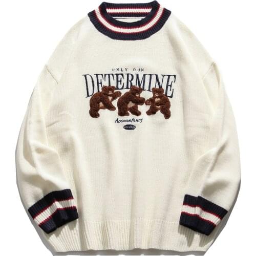 LACIBLE Letters Bears Graphic Sweater Pullover Harajuku Casual Oversize Patchwork Cotton Knitted Sweater Outwear Mens Clothing