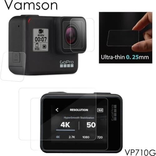 Vamson for Go Pro Hero 7 Black 6 5 Lens Cap LCD Screen Protective Film for GoPro Tempered Glass Protector Cover Case VP710G