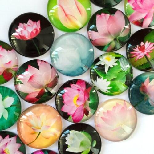 ZEROUP 12mm 20mm Round Glass Cabochon Lotus Pictures Mixed Pattern Fit Cameo Base Setting for Flat Back Jewelry BCH076
