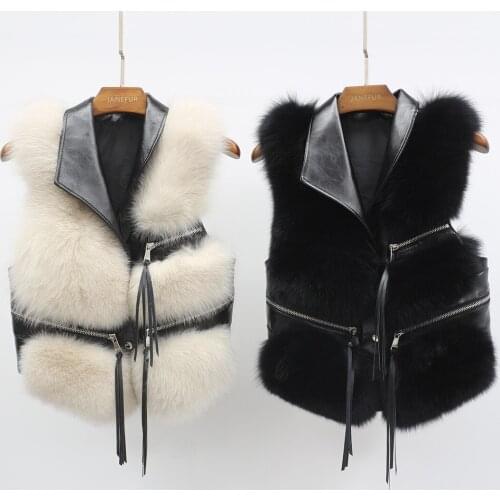 Womens Real Fur Vest Furry Fox Fur Gilet Waistcoat Genuine Leather Collar Fashion Winter Fur Jacket