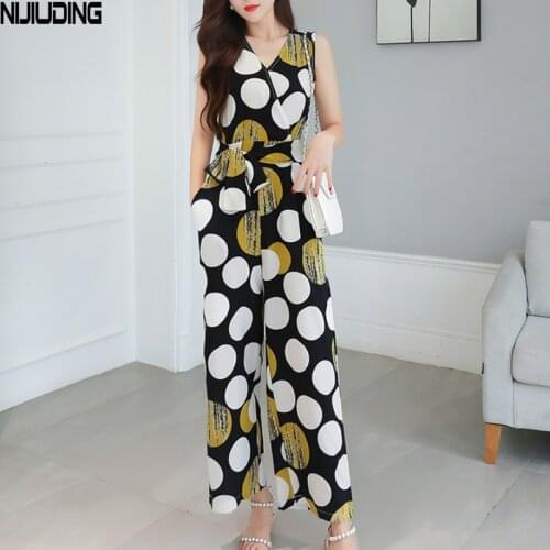 Women Retro Chiffon Wide Leg Pants 2021 Spring Summer Bodysuits Female Slim Printed Dot Lace Up V-neck Vest Oversize Jumpsuits