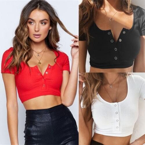 Summer Casual Women O-Neck Crop Tops Ladies Solid Short Sleeves Knitted Tops T-Shirt Bare Belly Tops Cotton Clothes