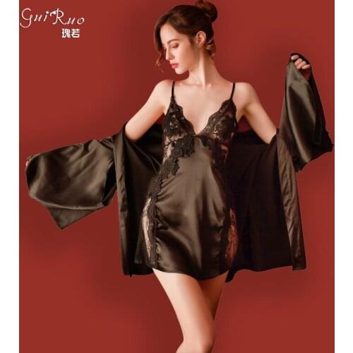 Womens fashion Bathrobe suit (Robe+braces skirt+T-Underpants) Lace nightdress night-robe seduction Sexy lingerie home clothing