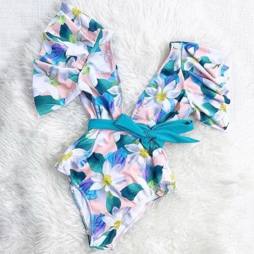 2021 Sexy One-Piece Plunge V Neck Womens Swimsuit Tropical Froral Bodysuit High Waist Belt Mononikini Bathing Suit Beach Wear