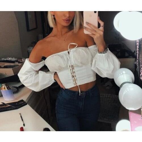 Spring new off shoulder crop top women tshirts 2021office lady Elegant full sleeve white tee club party sexy Casual shirt