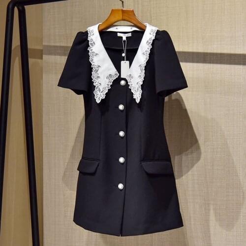 Summer New Women French Vintage Style Stitching Lace Short Sleeve A-Line Dress Lapel Single Breasted High Waist Mini Dress Y1185